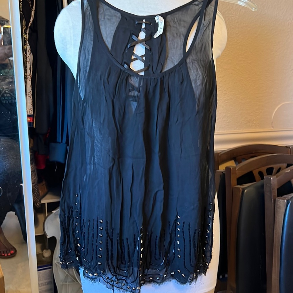 New no tags Willow & Clay beaded black sheer top